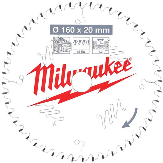 Milwaukee 160mm x 20mm 48T Wood Saw Blade