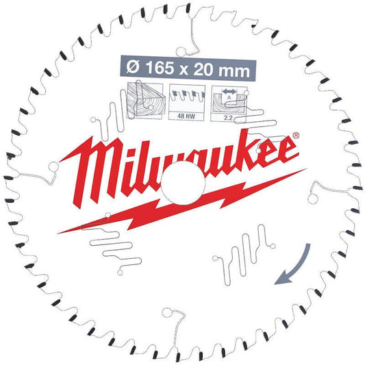 Milwaukee 165mm x 20mm x 48T Circular Saw Blade with Anti-Friction Coating
