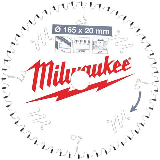 Milwaukee 165mm x 20mm 52T Aluminium Cutting Circular Saw Blade
