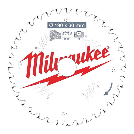 Milwaukee 190mm x 30mm x 36T Circular Saw Blade with Anti-Friction Coating