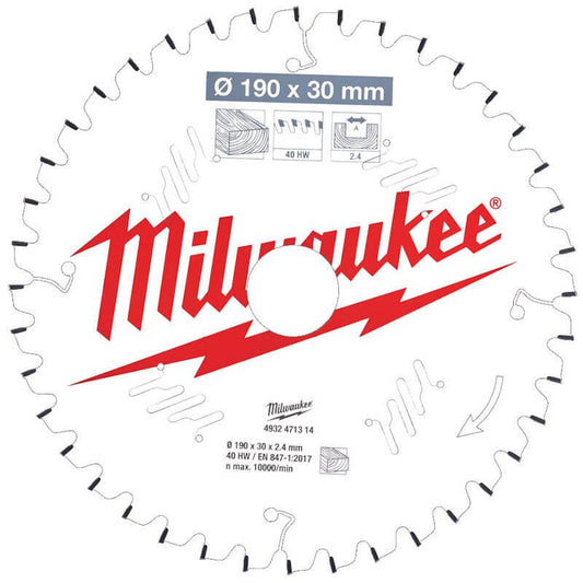 Milwaukee 190mm x 30mm 40T Wood Mitre Saw Blade