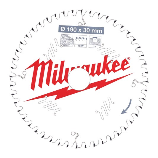 Milwaukee 190mm x 30mm x 48T Circular Saw Blade with Anti-Friction Coating