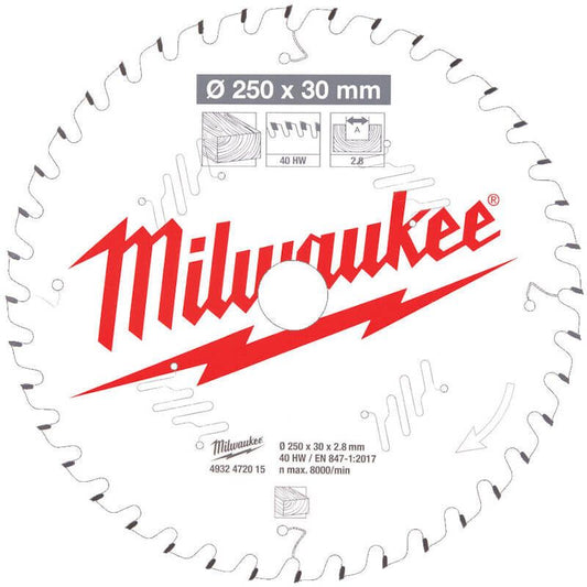 Milwaukee 250mm x 30mm x 40T Circular Saw Blade with Anti-Friction Coating