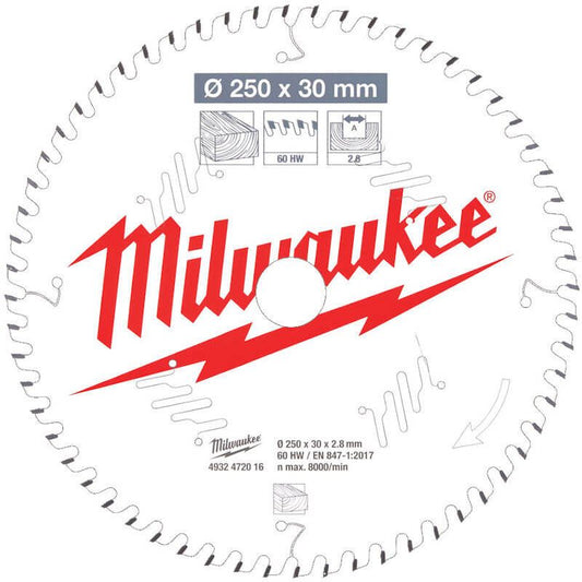 Milwaukee 250mm x 30mm 60T Wood Mitre Saw Blade