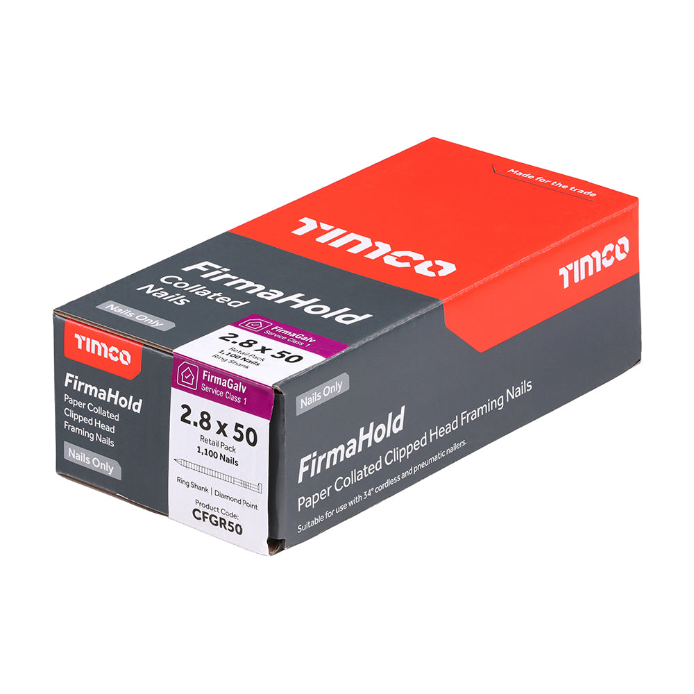TIMCO 2.8 x 50mm - FirmaHold Collated Clipped Head Nails - Retail Pack - Ring Shank - FirmaGalv (Box of 1,100)