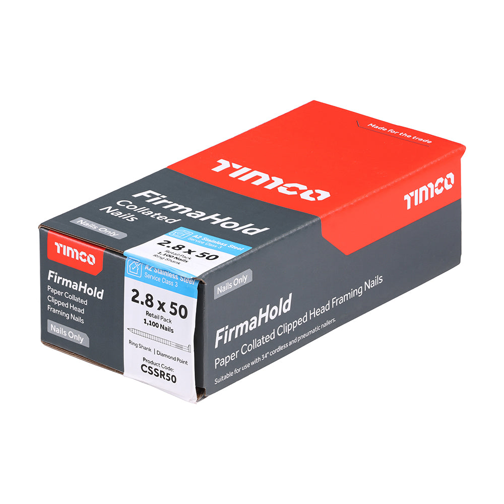 TIMCO 2.8 X 50mm - FirmaHold Collated Clipped Head Nails - Retail Pack - Ring Shank - A2 Stainless Steel (Box of 1,100)