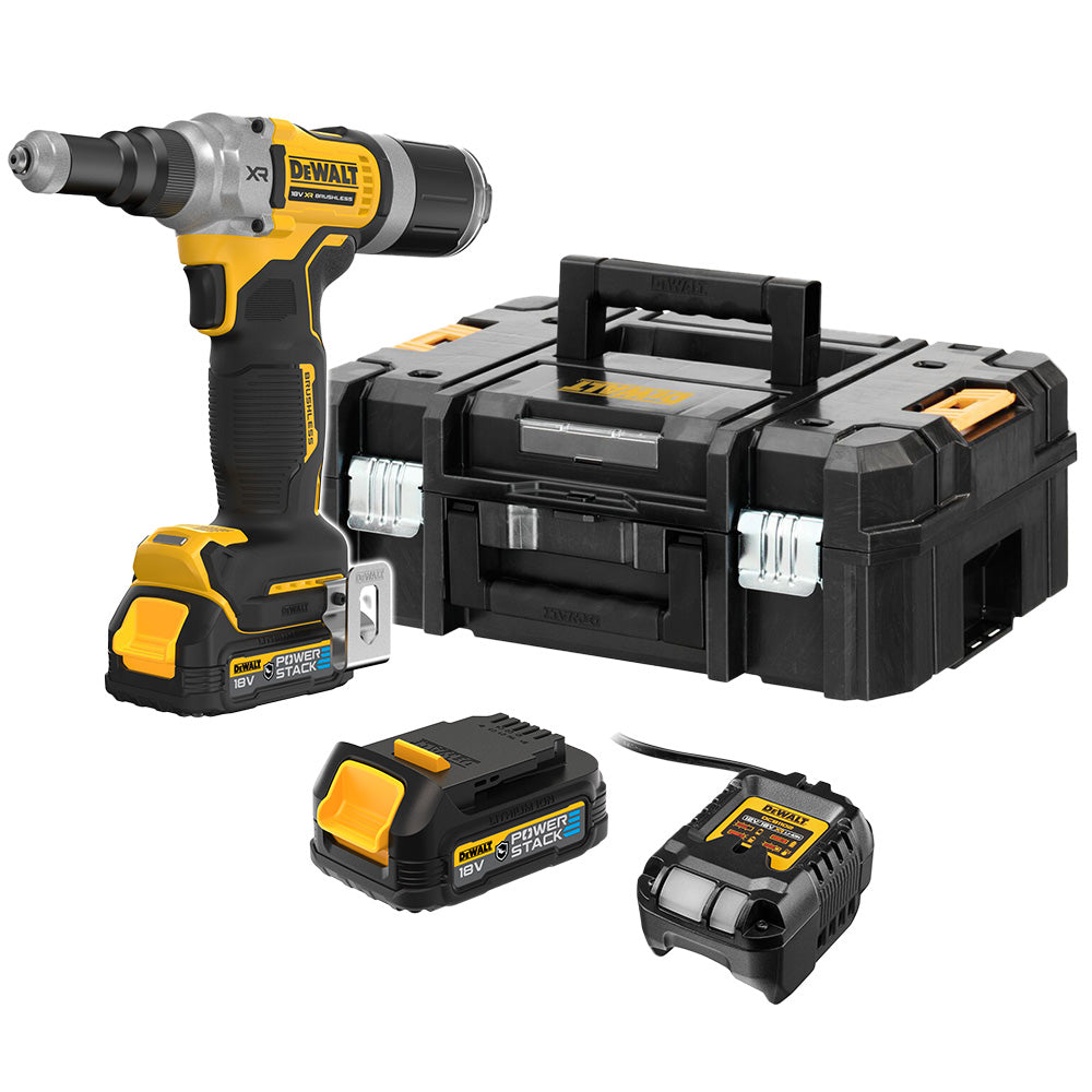 DeWalt 18V XR Brushless 6.4mm Rivet Gun - 2 X 1.7Ah POWERSTACK Batteries