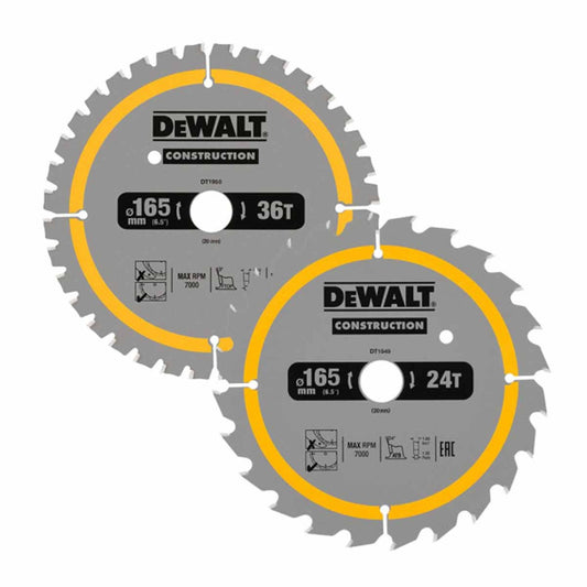 DeWalt 165mm x 20mm 24T & 36T Construction Circular Saw Blades
