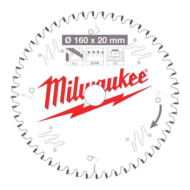 Milwaukee 160mm x 20mm 52T Aluminium Saw Blade