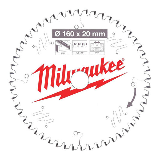 Milwaukee 160mm x 20mm 52T Aluminium Saw Blade