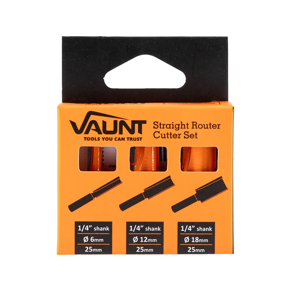Vaunt 3 Piece Router Cutters 6.0mm/12mm/18mm Straight 1/4" Shank Set