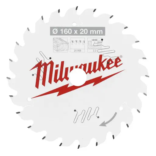 Milwaukee 160mm x 20mm 24T Wood Saw Blade