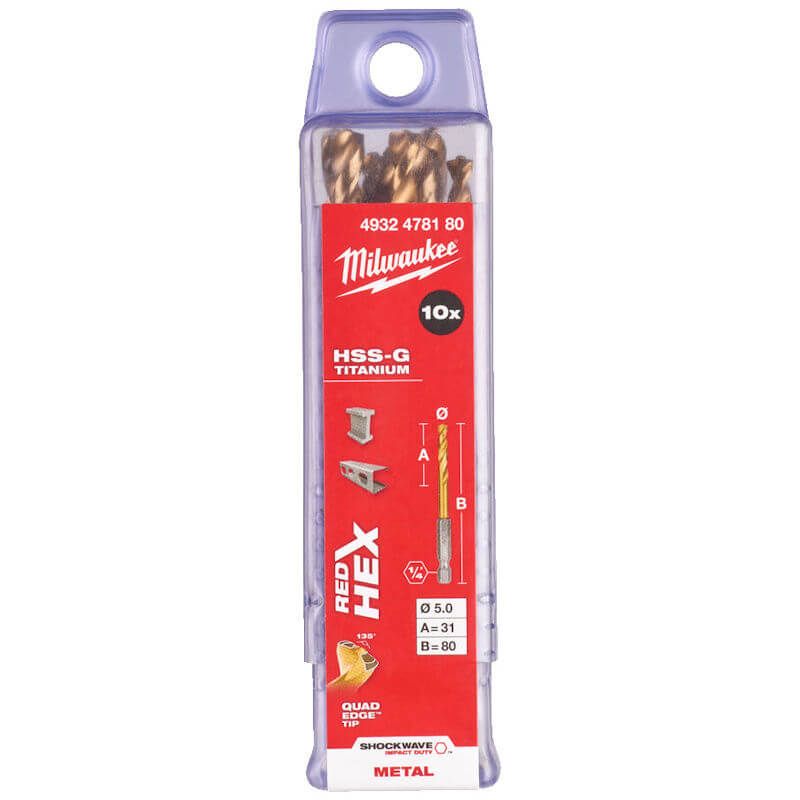 Milwaukee Red Hex - Shockwave™ HSS-TiN Metal Drill Bits 5mm (10 Pack)