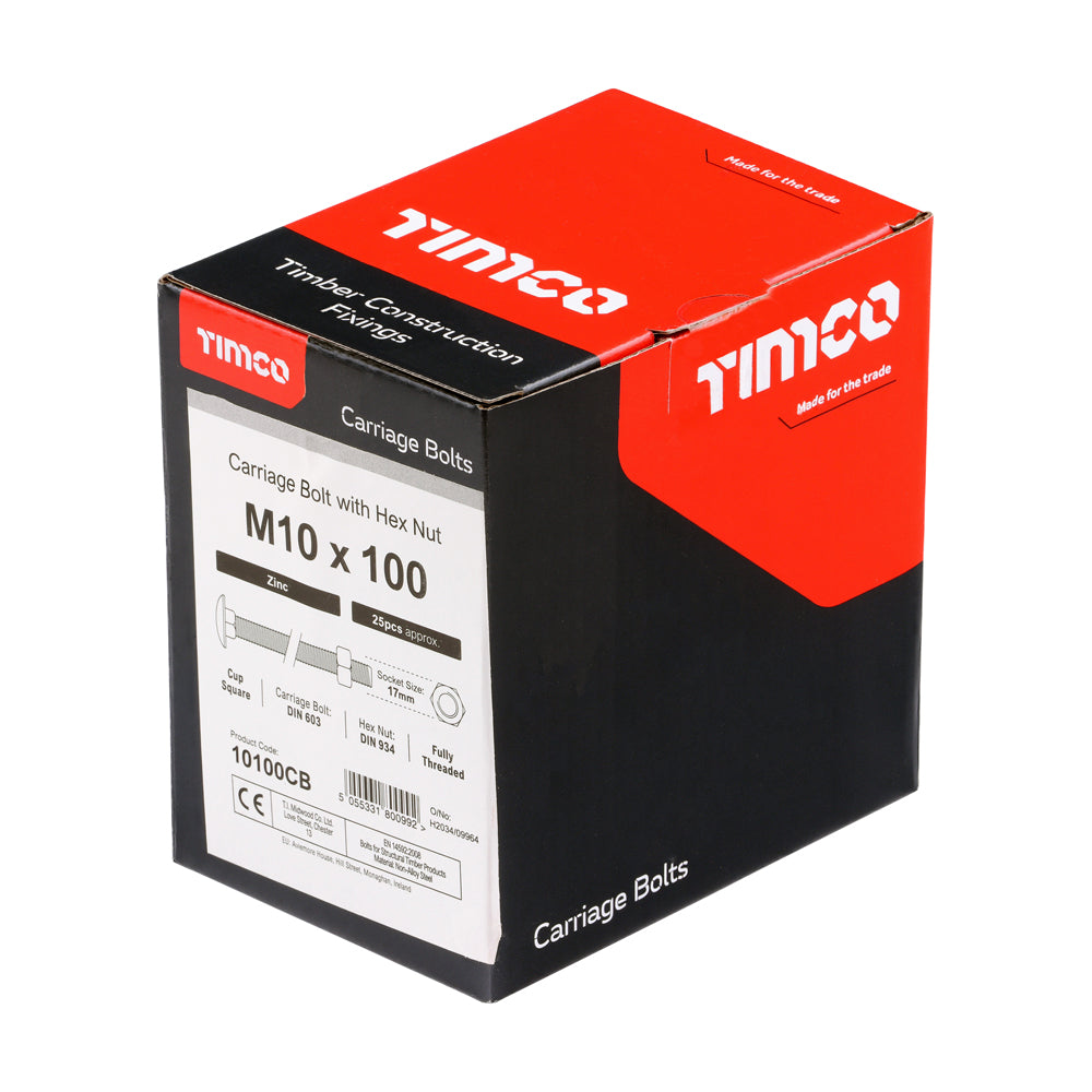 TIMCO Carriage Bolts & Hex Nuts - Zinc M10 x 100 (25 Pieces)