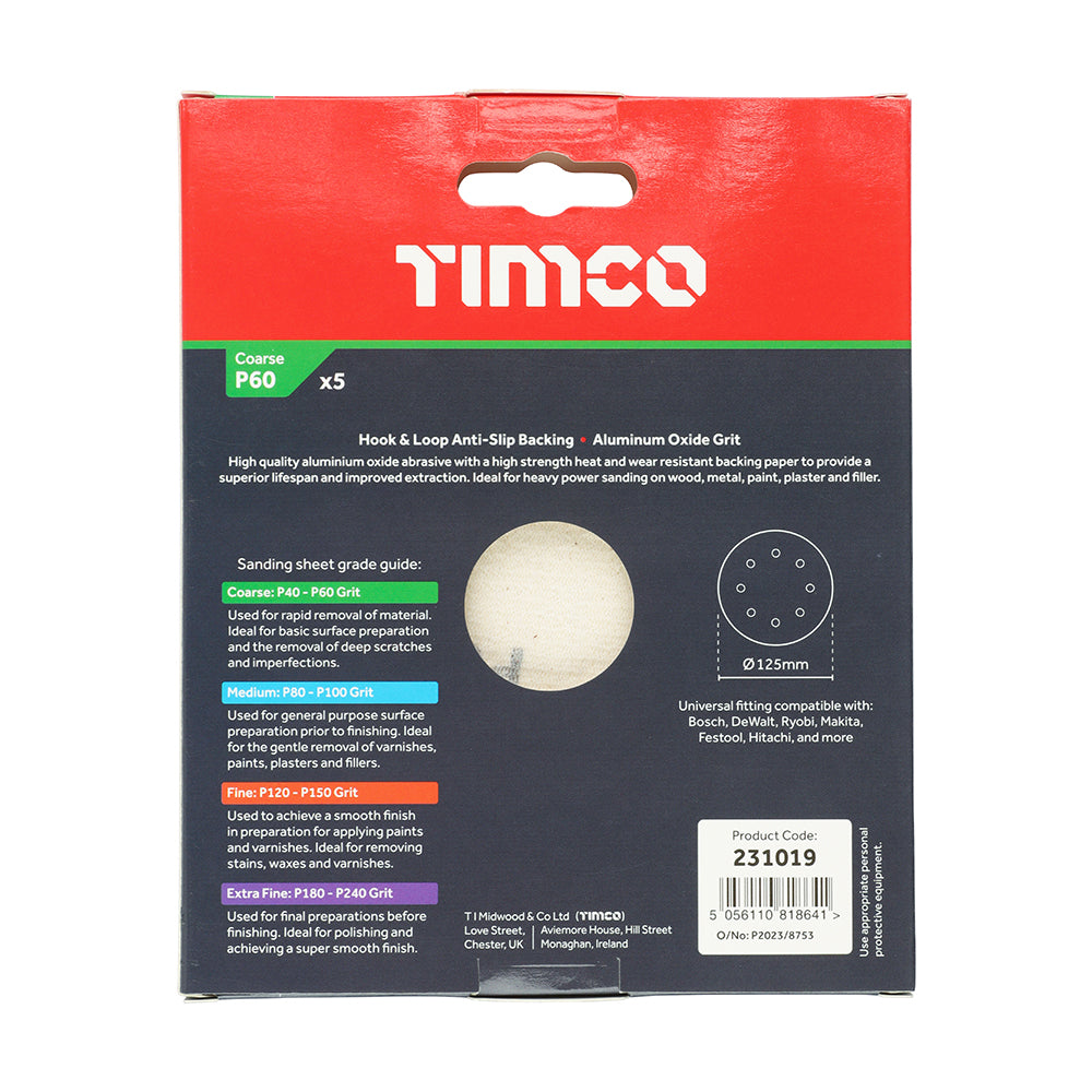 TIMCO Random Orbital Sanding Discs - 60 Grit - Red 125mm