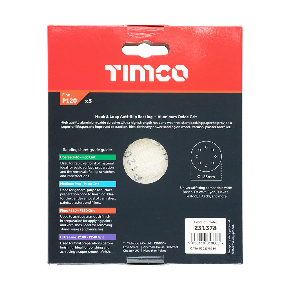 TIMCO Random Orbital Sanding Discs - 120 Grit - Red 125mm