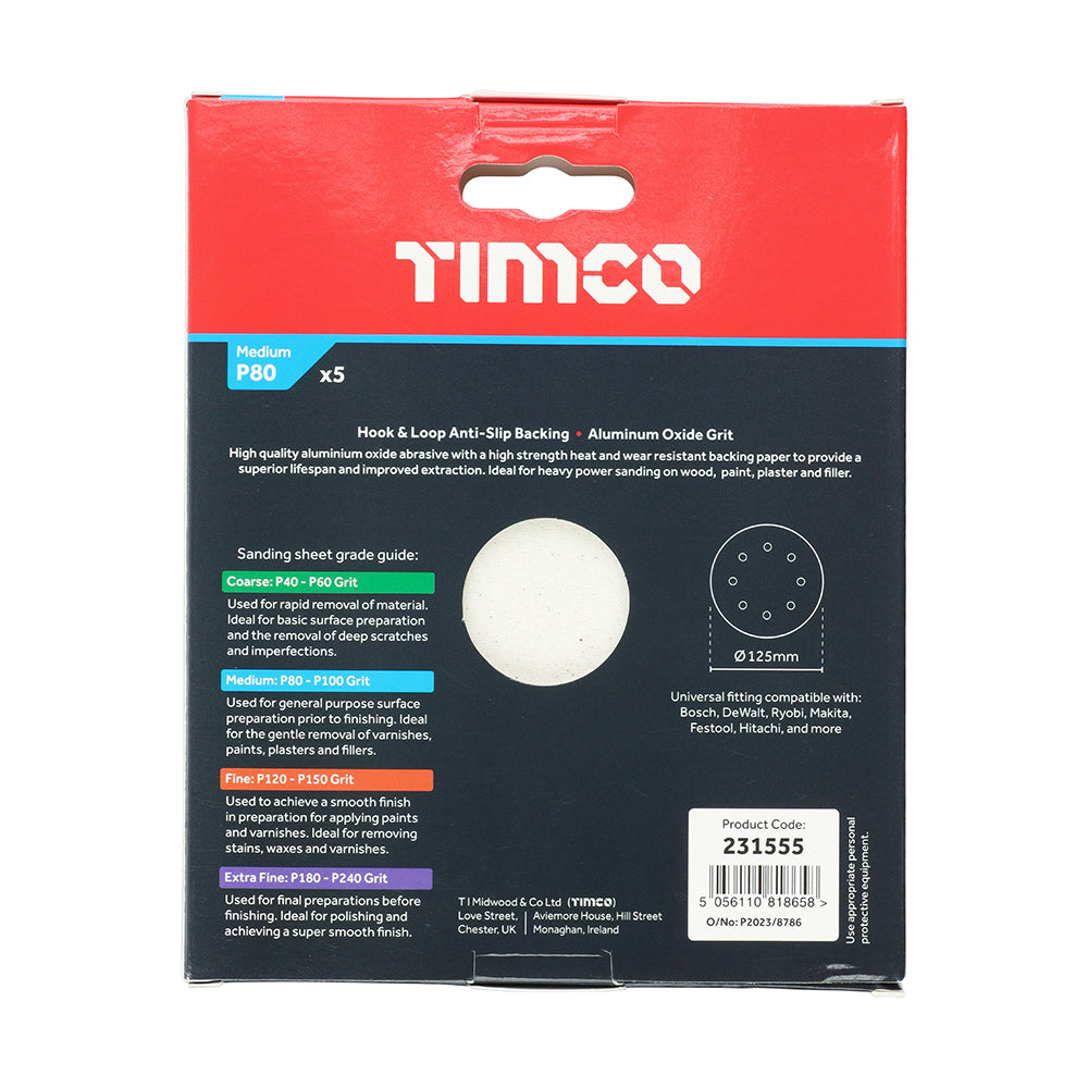 TIMCO Random Orbital Sanding Discs - 80 Grit - Red 125mm