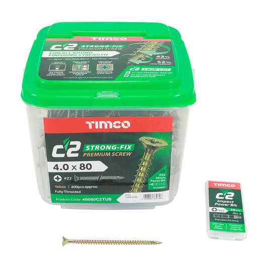 TIMCO 4.0 x 80mm C2 Strong Fix Premium Wood Screw, Countersunk Pozi, Steel Zinc / Yellow Plated (Tub of 400)