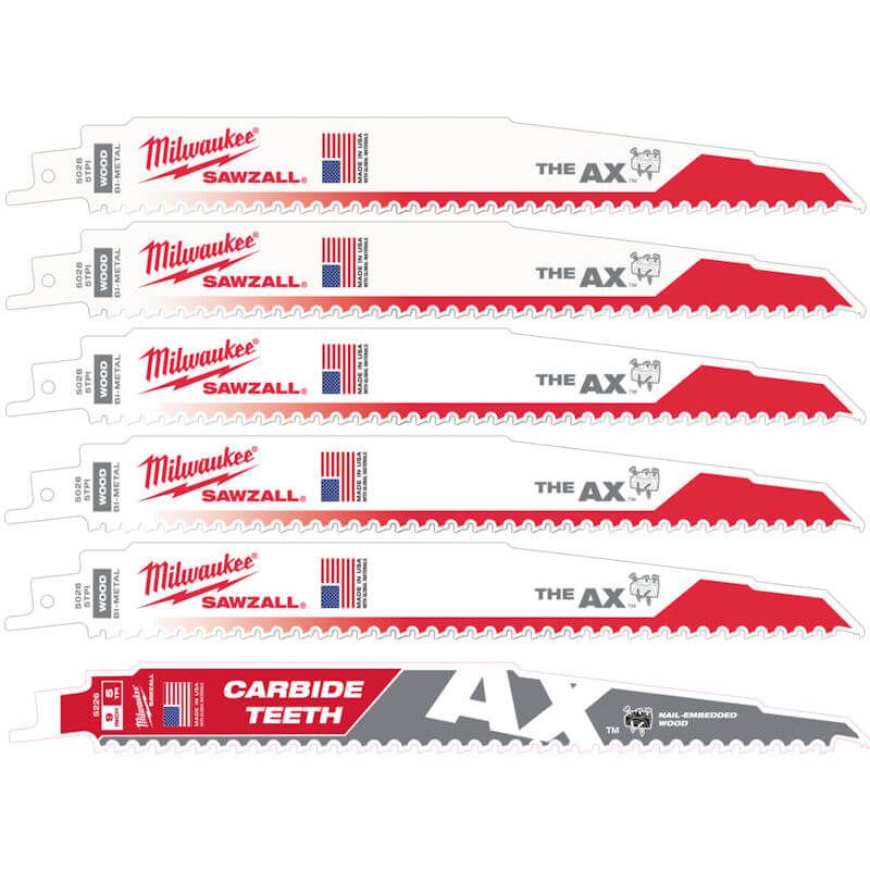 Milwaukee 230mm x 5tpi Wood with Nails AX™ Carbide Teeth Demolition Sawzall Blades (6 Pack-
