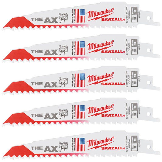 Milwaukee Sawzall AX Sabre Blades for Wood 150mm x 5 TPI (5 Pack)