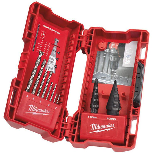 Milwaukee 10 Piece Step Drill & ThunderWeb HSS-Ground (DIN338) Metal Drill Set