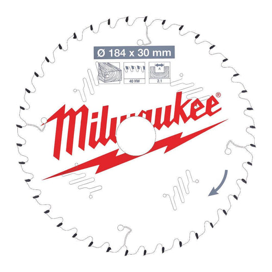Milwaukee 184mm x 30mm 40T Wood Saw Blade