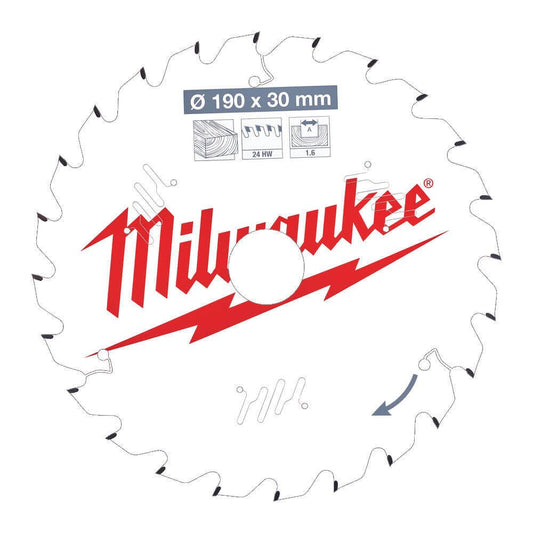 Milwaukee 190mm x 30mm x 24T Circular Saw Blade with Anti-Friction Coating