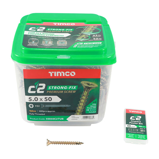 TIMCO 5.0 x 50mm C2 Strong Fix Premium Wood Screw, Countersunk Pozi, Steel Zinc / Yellow Plated (Tub of 600)