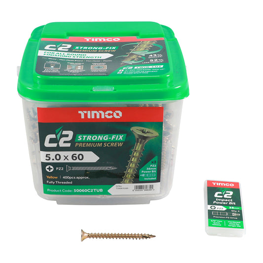 TIMCO 5.0 x 60mm C2 Strong Fix Premium Wood Screw, Countersunk Pozi, Steel Zinc / Yellow Plated (Tub of 400)