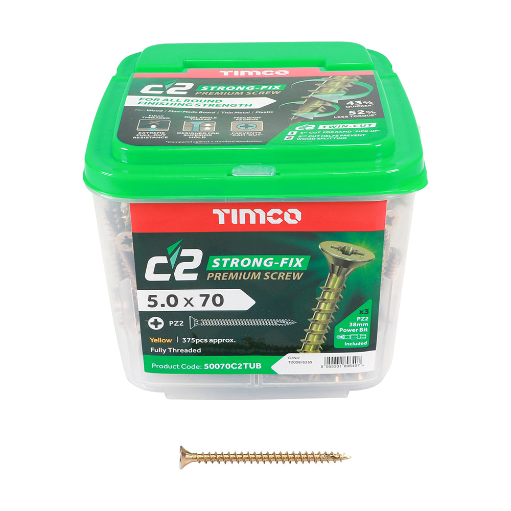 TIMCO 5.0 x 70mm C2 Strong Fix Premium Wood Screw, Countersunk Pozi, Steel Zinc / Yellow Plated (Tub of 375)