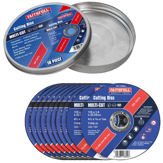 Faithfull Multi-Cut Cutting Discs in Tin 115 x 1.0 x 22.23mm (Tin of 10)