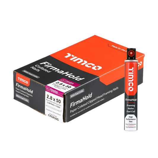 TIMCO 2.8 x 50mm - FirmaHold Collated Clipped Head Nails & Fuel Cell - Retail Pack - Ring Shank - FirmaGalv (Box of 1,100)