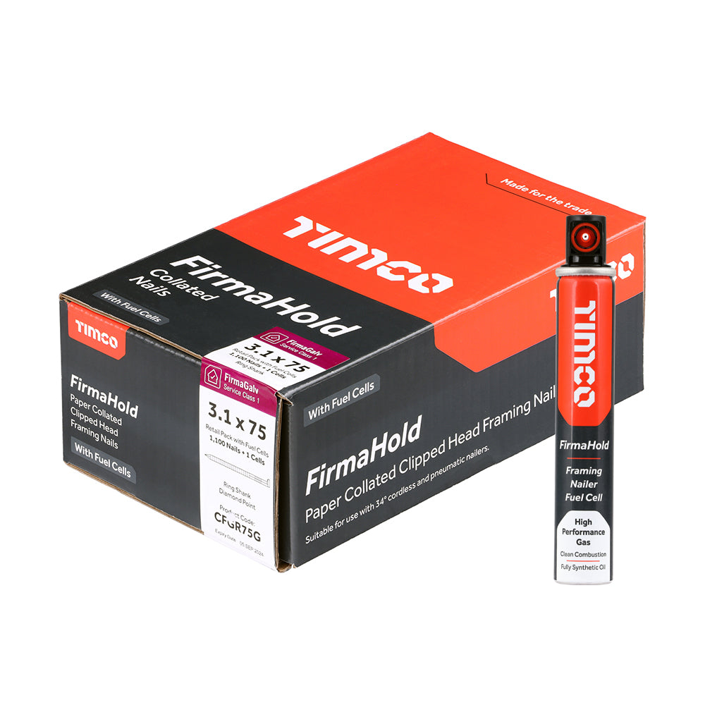 TIMCO 3.1 x 75mm - FirmaHold Collated Clipped Head Nails & Fuel Cell - Retail Pack - Ring Shank - FirmaGalv (Box of 1,100)