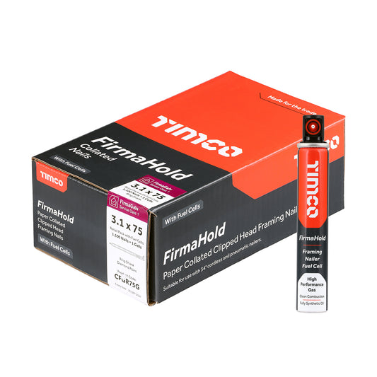 TIMCO 3.1 x 75mm - FirmaHold Collated Clipped Head Nails & Fuel Cell - Retail Pack - Ring Shank - FirmaGalv (Box of 1,100)