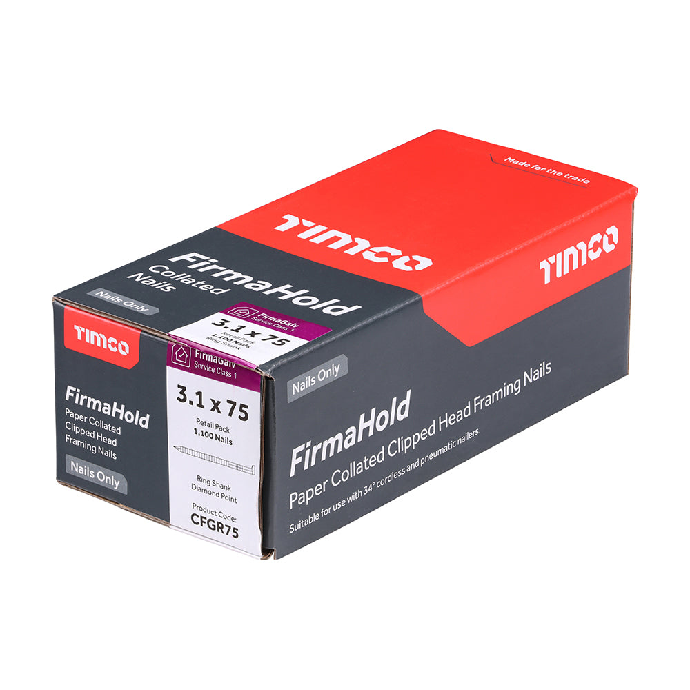 TIMCO 3.1 X 75mm - FirmaHold Collated Clipped Head Nails - Retail Pack - Ring Shank - FirmaGalv (Box of 1,100)