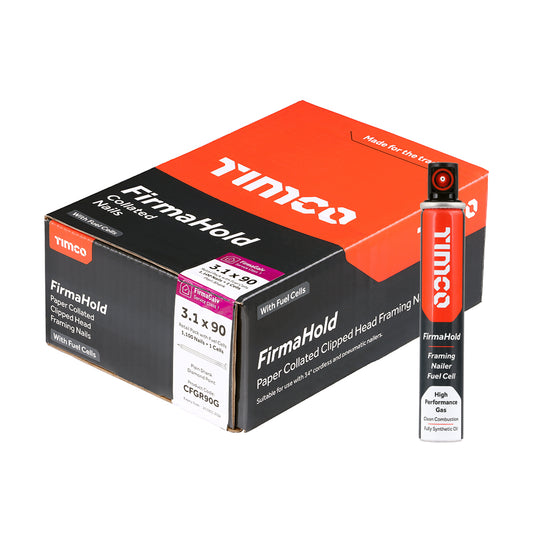 TIMCO 3.1 x 90mm - FirmaHold Collated Clipped Head Nails & Fuel Cell - Retail Pack - Plain Shank - FirmaGalv + (Box of 1,100)