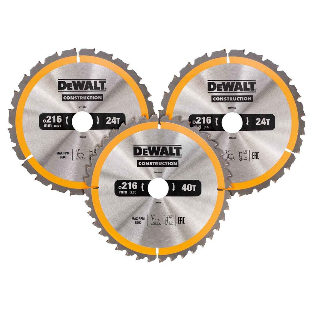 DeWalt 216 x 30mm Circular Saw Blade 216mm 3 Pack (2x24T 1x40T)