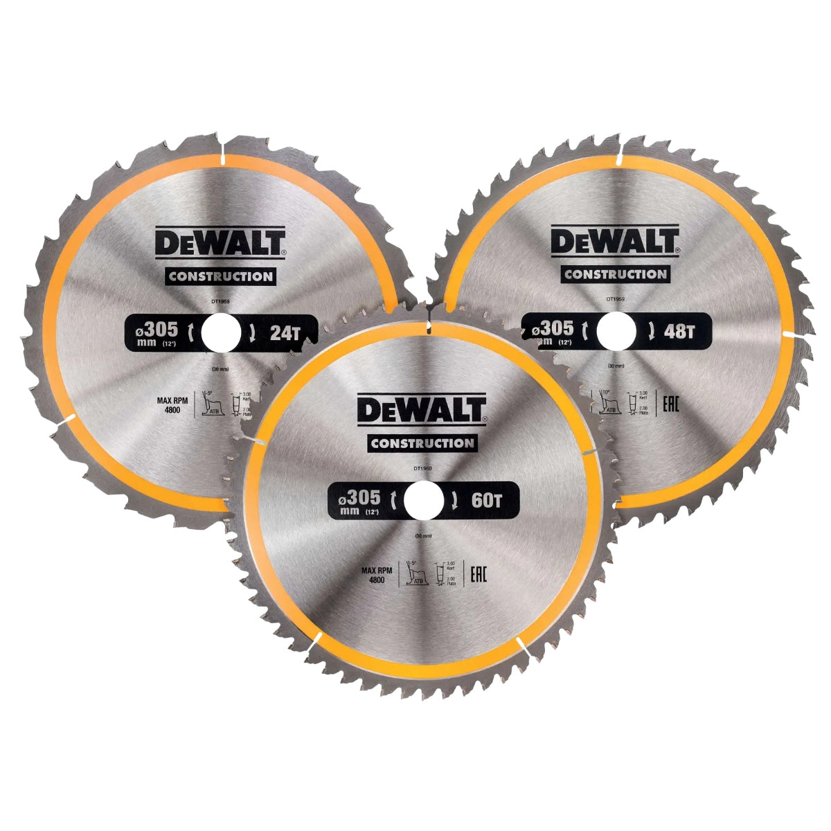 DEWALT Construction Circular Saw Blades 305mm (24t/48t/60t) 3 Pack