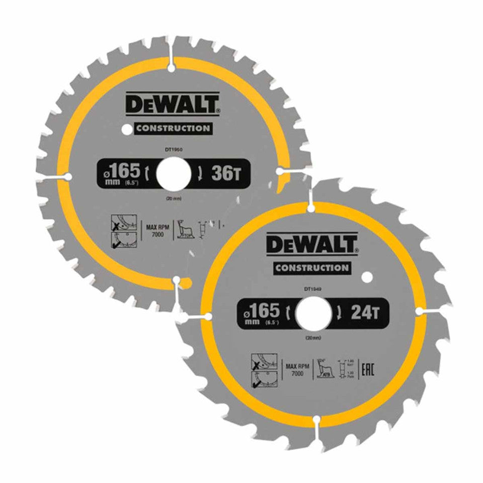 Dewalt 165mm x 20mm 24T & 36T Construction Circular Saw Blades