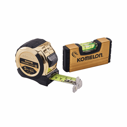 Komelon 5m (16ft) Gold PowerBlade Tape Measure With FREE Mini Level