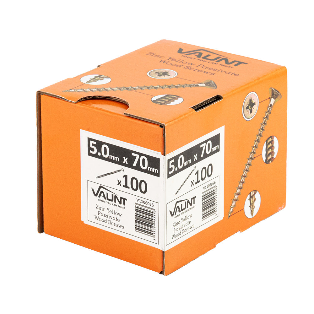 Vaunt 5.0 x 70mm Woodscrew Zinc Yellow Passivated - Box of 100
