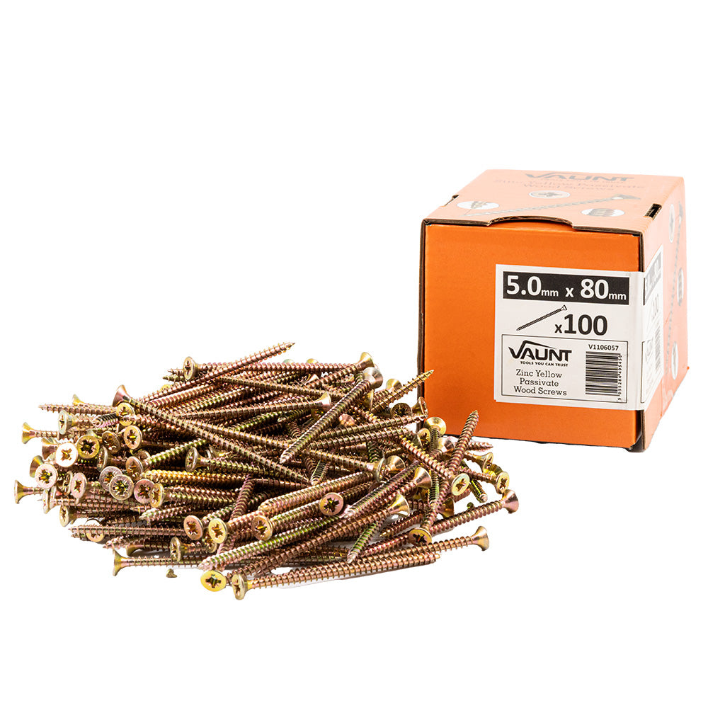 Vaunt 5.0 x 80mm Woodscrew Zinc Yellow Passivated - Box of 100