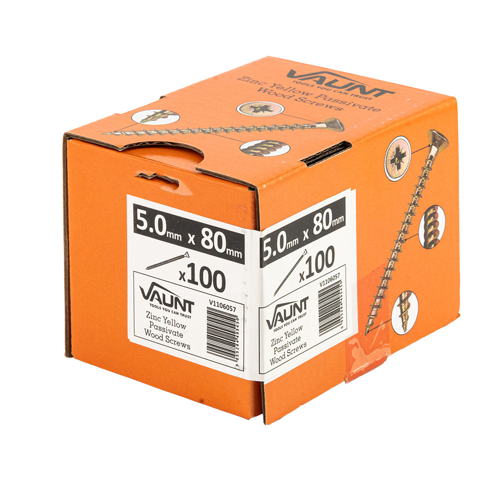 Vaunt 5.0 x 80mm Woodscrew Zinc Yellow Passivated - Box of 100