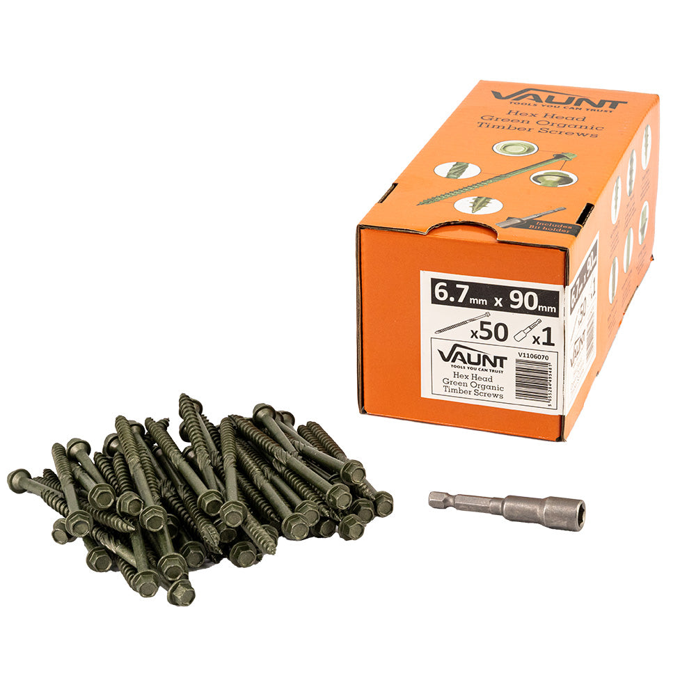 Vaunt 6.7mm x 90mm Hex Head Green Organic Timber Screws  - Box of 50