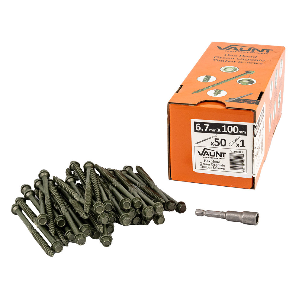 Vaunt 6.7mm x 100mm Hex Head Green Organic Timber Screws - Box of 50