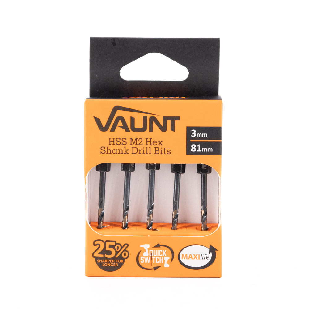 Vaunt 3.0mm x 81mm 1/4'' Hex Shank HSS M2 Turbo Drill Bits - Pack of 5