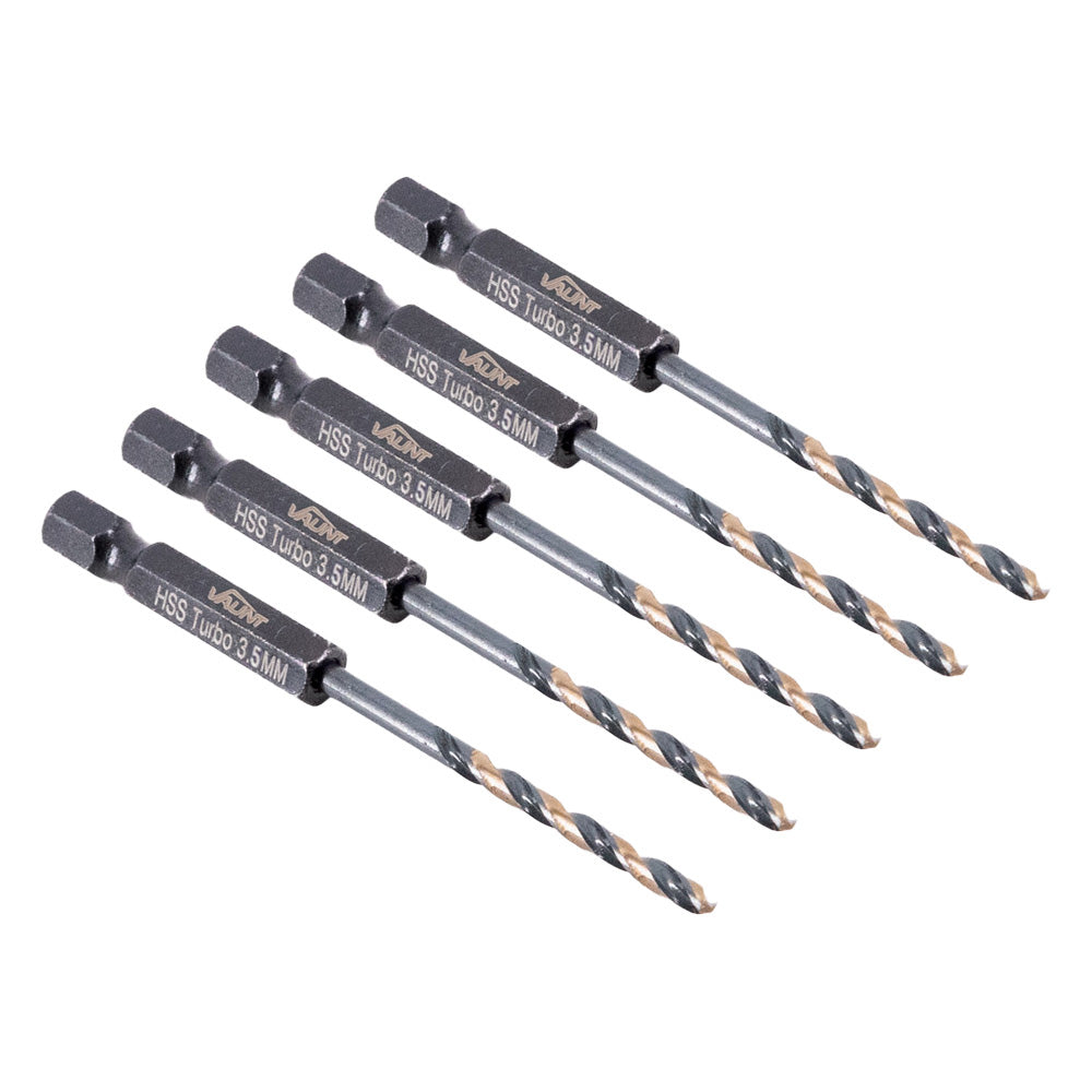 Vaunt 3.5mm x 93mm 1/4'' Hex Shank HSS M2 Turbo Drill Bits - Pack of 5