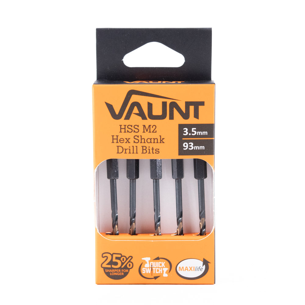 Vaunt 3.5mm x 93mm 1/4'' Hex Shank HSS M2 Turbo Drill Bits - Pack of 5