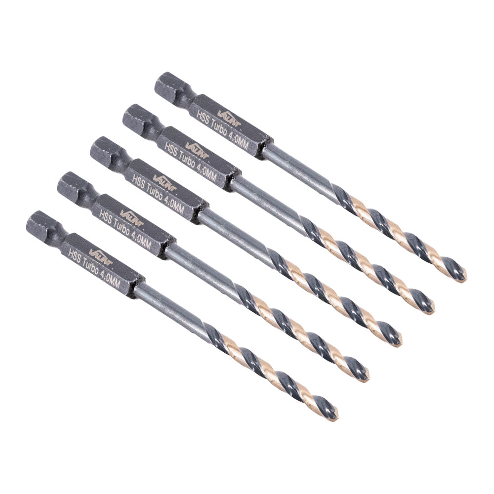 Vaunt 4.0mm x 100mm 1/4'' Hex Shank HSS M2 Turbo Drill Bits - Pack of 5