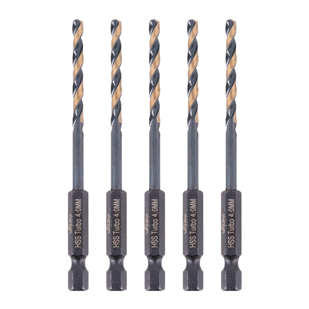 Vaunt 4.0mm x 100mm 1/4'' Hex Shank HSS M2 Turbo Drill Bits - Pack of 5